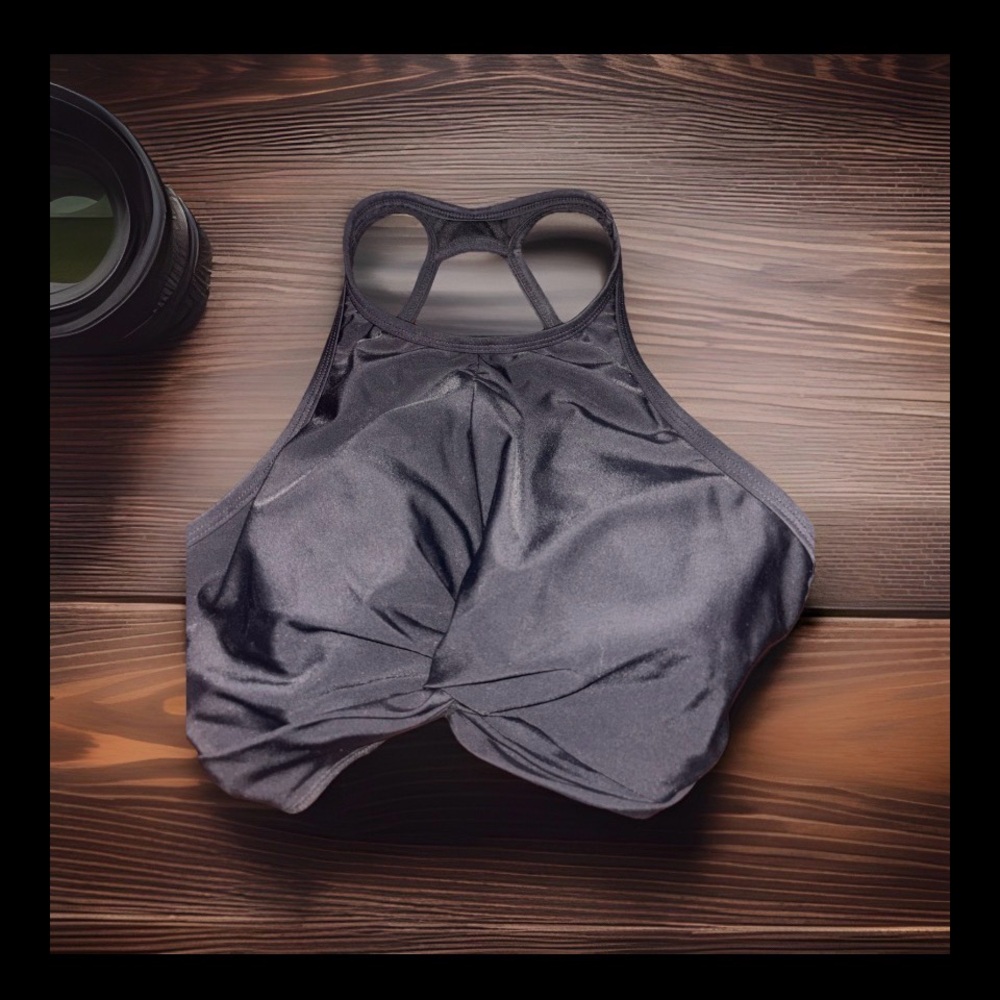 Shade & Shore Black Twist-Front High Neck Swimsuit Top